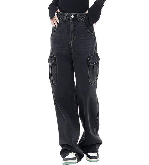 Women's High Waist Cargo Jeans Straight Leg Wide Leg Stretch Loose Casual Denim Trousers