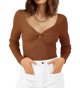 Women's Fall Clothes Sexy Twist Knot Top Ribbed Knit Long Sleeve Pullover Sweater Tops