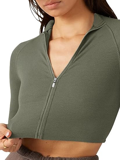 Women's Zipper Fitness Seamless Long Sleeve Rib Yoga Exercise Shirt Cropped Sweatshirt Slim Tops