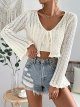 Women's Tie Front Tops Bell Long Sleeve Knit Crochet Cardigan Crop Top