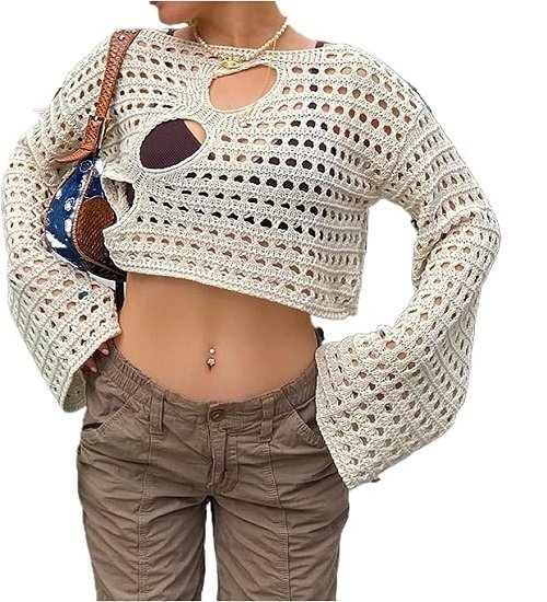 Women's Openwork Crochet Knit Cropped Tops Long Sleeve Autumn Sweater Tops