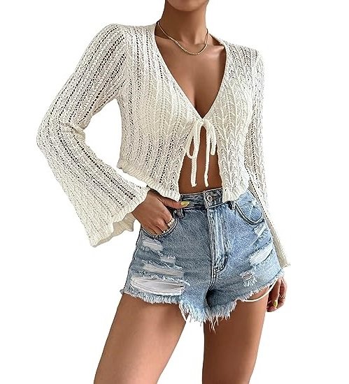 Women's Tie Front Tops Bell Long Sleeve Knit Crochet Cardigan Crop Top