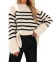 Women's Fall Winter Casual Oversized Long Sleeve Striped Sweater Crew Neck Ribbed Knit Side Slit Pullover
