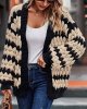 Women's Cardigan Autumn Lantern Sleeve Front Stripe Colorblock Loose Cable Knit Sweater Jacket