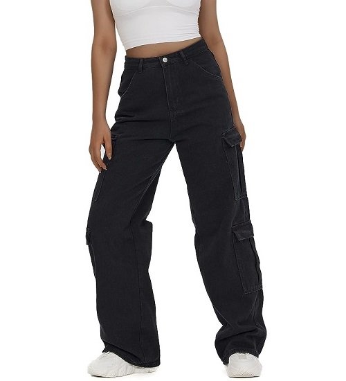 Women's High Waist Cargo Jeans Flap Pocket Baggy Cargo Pants  Wide Leg Denim Jeans.