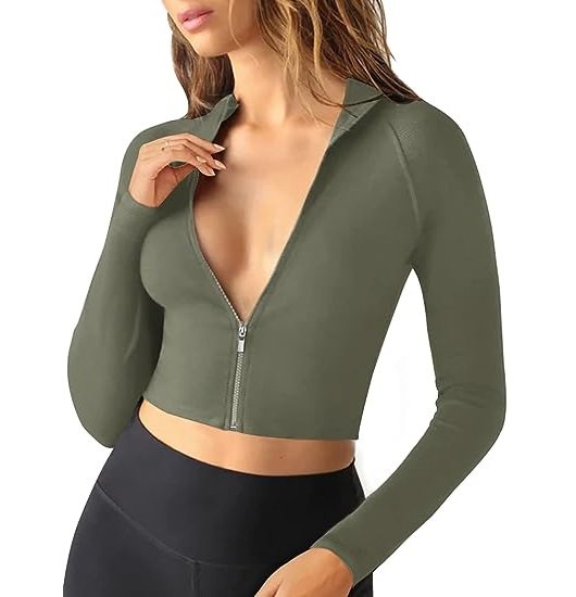 Women's Zipper Fitness Seamless Long Sleeve Rib Yoga Exercise Shirt Cropped Sweatshirt Slim Tops