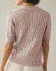 Women's Cable Short Sleeve Sweaters Tops Solid Lapel V Neck Knit Casual Soft Pullover Shirt