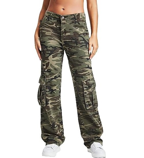 Women's Camo Print Cargo Jeans High Waist Wide Leg Denim Army Pants