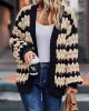 Women's Cardigan Autumn Lantern Sleeve Front Stripe Colorblock Loose Cable Knit Sweater Jacket