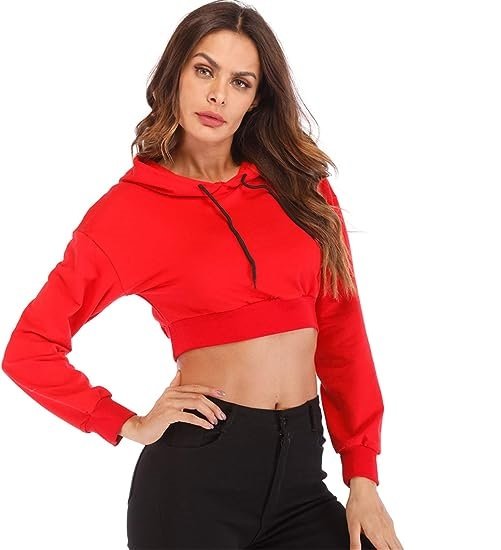 Women's Long Sleeve Cropped Hoodie Workout Casual Pullover Cropped Sweatshirt