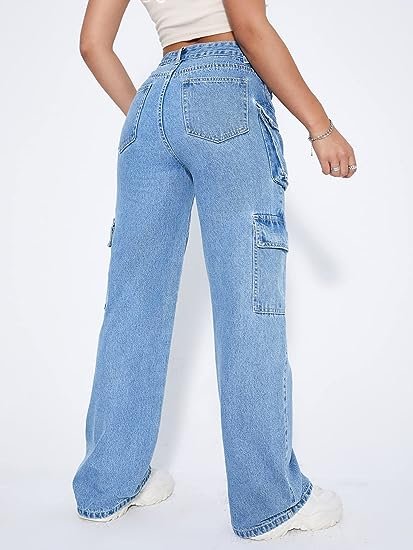 Women's High Waist Cargo Jeans Flap Pocket Straight Leg Denim Pants