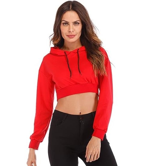 Women's Long Sleeve Cropped Hoodie Workout Casual Pullover Cropped Sweatshirt